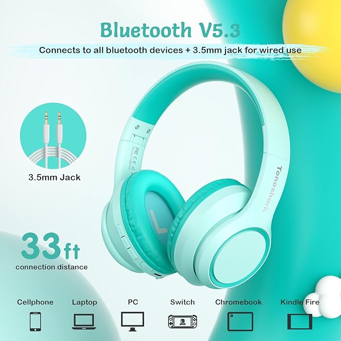 Active Noise Cancelling Headphones for Kids, 60H Playtime, Wireless Bluetooth Over-Ear Headset Built-in Microphone for Home/School/Travel/Party - Includes Portable Case-CubbioJoy