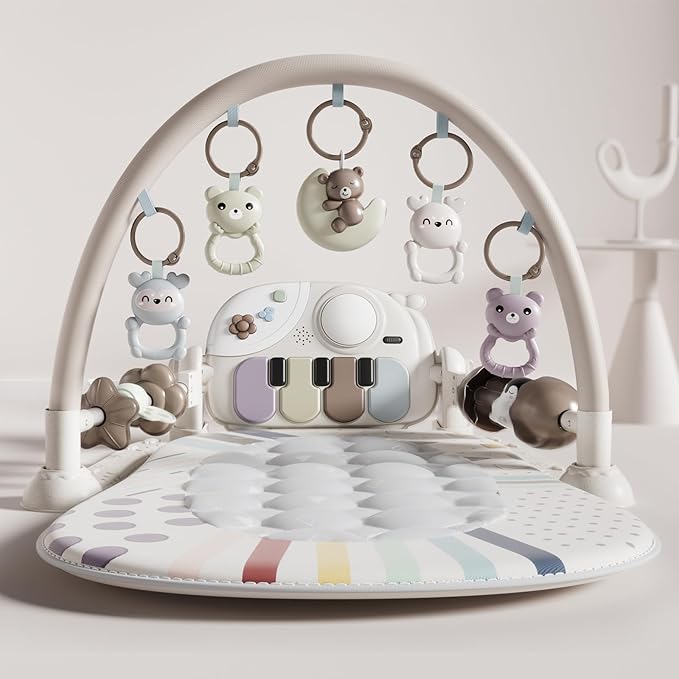 Baby Gym with Kick and Play Piano, Baby Play Mat Tummy Time Activity Gym Mat with 5 Infant Sensory, Music & Lights Boy or Girl for Newborn 0 to 3 6 9 12 Months-CubbioJoy