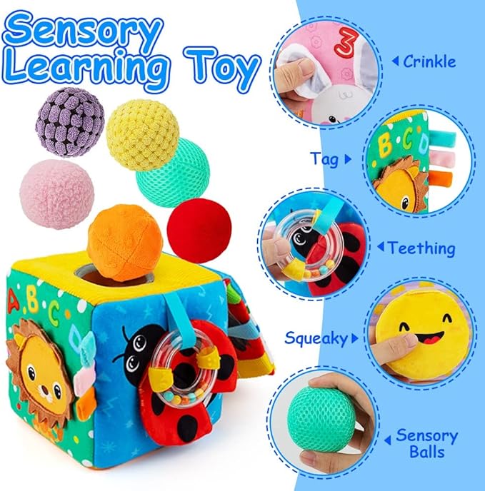 beetoy Sensory Busy Cube for Baby, Montessori Infant Toys with Textured Sensory Balls, Early Learning Travel Toys for Fine Motor Skills, Perfect Newborn Boy and Girl Gift-CubbioJoy
