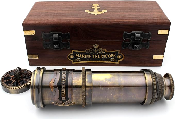 14 Inch Vintage Nautical Brass Telescope with Wood Box – Handheld Spyglass for Marine, Pirate, and Captain Use-CubbioJoy