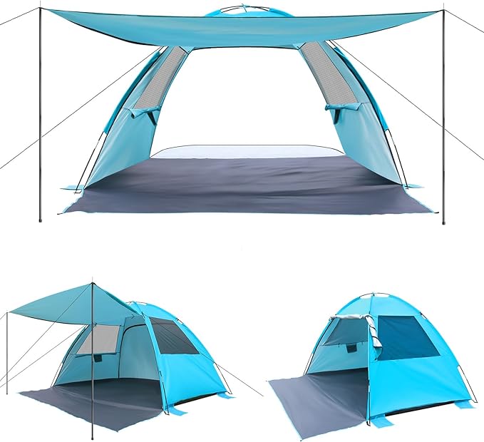 DLUCKY Beach Tent for 1/2/3/4/5/6 Person,Anti-UV Portable Sun Shade ShelterUPF 50+,Both Sides Extendable Floor,Extendable Awning,with 2 Ventilating Mesh Windows,Lightweight & Easy Setup.-CubbioJoy