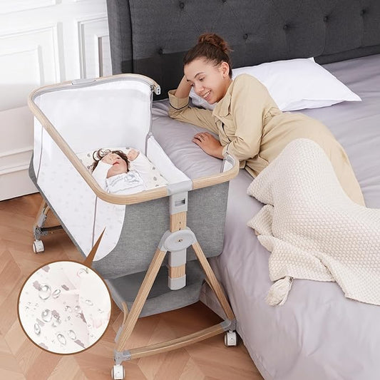 Baby Bassinet Bedside Sleeper - 3 in 1 Bassinets with Waterproof Sheets, Soft Mattress and Breathable Mesh, Adjustable Height Bedside Bassinet for Baby with Wheels, Storage Basket, Gray-CubbioJoy