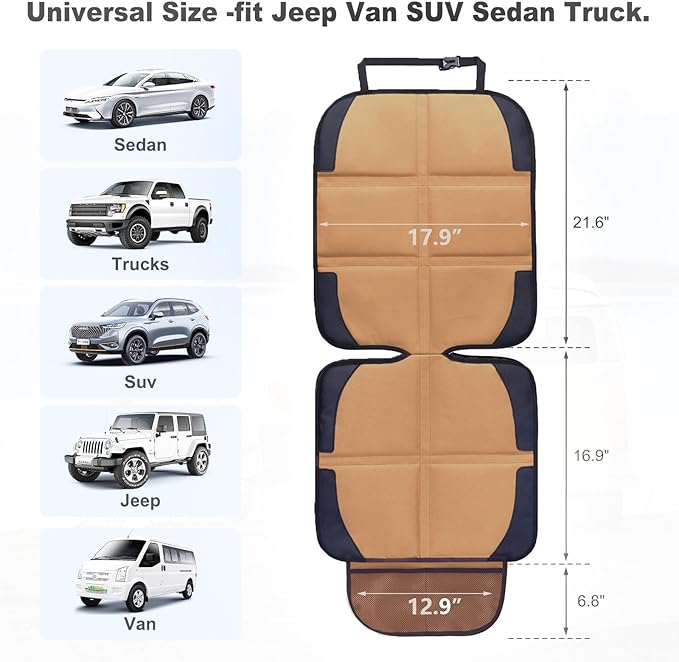 Car Seat Protector for Child Car Seat, 2 Pack Baby Car Seat Covers with Mesh Pockets & Non-Slip Backing 600D Durable Seat Protector (Brown, Standard)-CubbioJoy