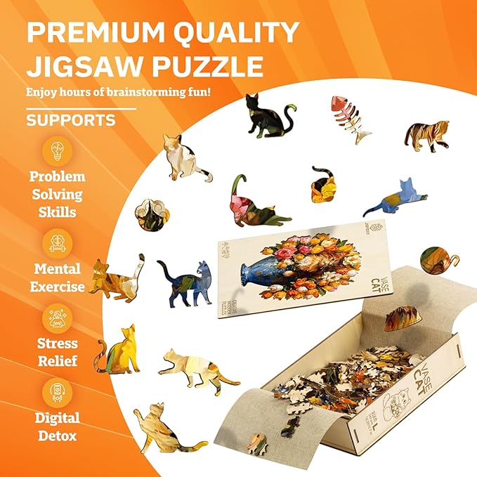Jigfoxy Wooden Puzzles for Adults, The Vase Cat Wood Puzzles Adult, Unique Animal Shape Wooden Jigsaw Puzzles for Adults, Birthday Gifts for Puzzle Lovers, Family, Friend (S-7.4 * 7.7in-86pcs)-CubbioJoy