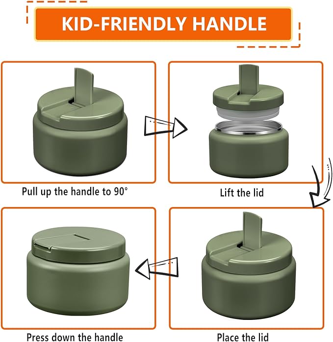 13.5oz Kids Thermos for Hot Food, Insulated Vacuum Food Jar with Buckle Lid, Stainless Steel Wide Mouth Leak Proof Insulated Lunch Container for School Picnic Travel, Green-CubbioJoy