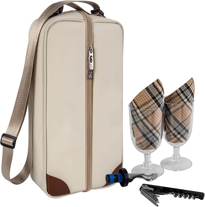 ALLCAMP Wine Tote Bag with Cooler Compartment，Picnic Set Carrying Two Sets of Tableware（Cream-Colored）-CubbioJoy