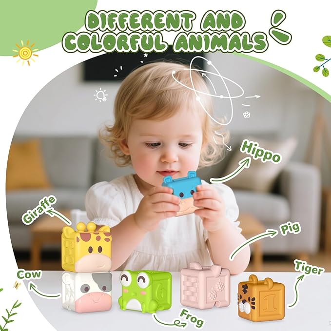 Animal Soft Gel Stacking Block Set Soft Silicone Baby Blocks Toys for 18 Months to 3 Years Old Early Learning Touch Bath Educational Toys with Numbers Animals Fruits Texture-CubbioJoy