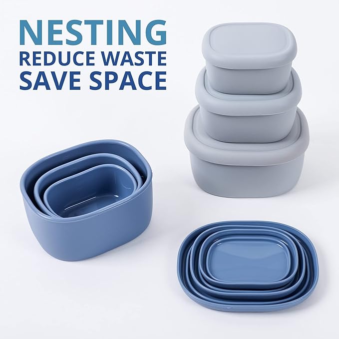 BLUE GINKGO Nesting Silicone Containers - Set of 3 Hard-Shell Silicone Food Storage Containers | BPA Free, Airtight, Dishwasher and Freezer Safe (6.7oz, 10oz, 20oz) - Blue-CubbioJoy