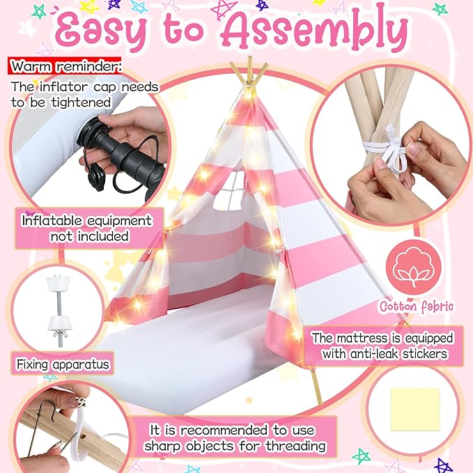 2 Pack Kids Teepee Tent with Mattress,Fitted Sheet,Light String,Washable Natural Cotton Toddler Play Tent for Girls Boys Indoor Outdoor Sleepover Slumber Birthday Party(Pink and White)-CubbioJoy