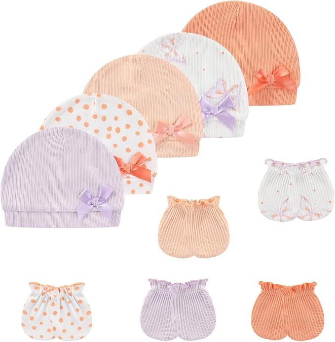 Baby Hat and Mittens Set Cotton Newborn Baby Hats Caps for Boys and Girls, 0-6 Months-CubbioJoy