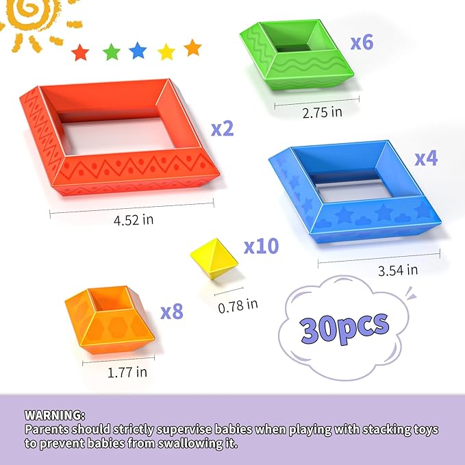 Blocks Building Toys for Toddlers 1-3 3-5, Pyramid Stacking Blocks Preschool Educational Toys for Ages 2 3 4 5 6 Boys & Girls Learning Stem Sensory Toys Kids Birthday, 30PCS-CubbioJoy