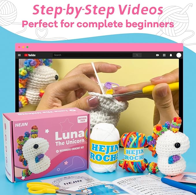 Crochet Kit for Beginners, Unicorn Crochet Kits for Kids and Adults Include Rainbow Yarn, Videos Tutorials, Eyes, and Crochet Hook - Crochet Animal Kit, Beginner Crochet Kit - Gift for Birthdays-CubbioJoy