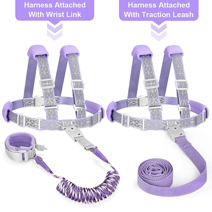Accmor 3 in1 Toddler Harness Leash, Reflective kid Harness with Anti Lost Wrist Link, Harness Leash for Toddlers, Child Walking Harness kids Leash Wristband Rope Belt with Lock for Baby Girls (Purple)-CubbioJoy
