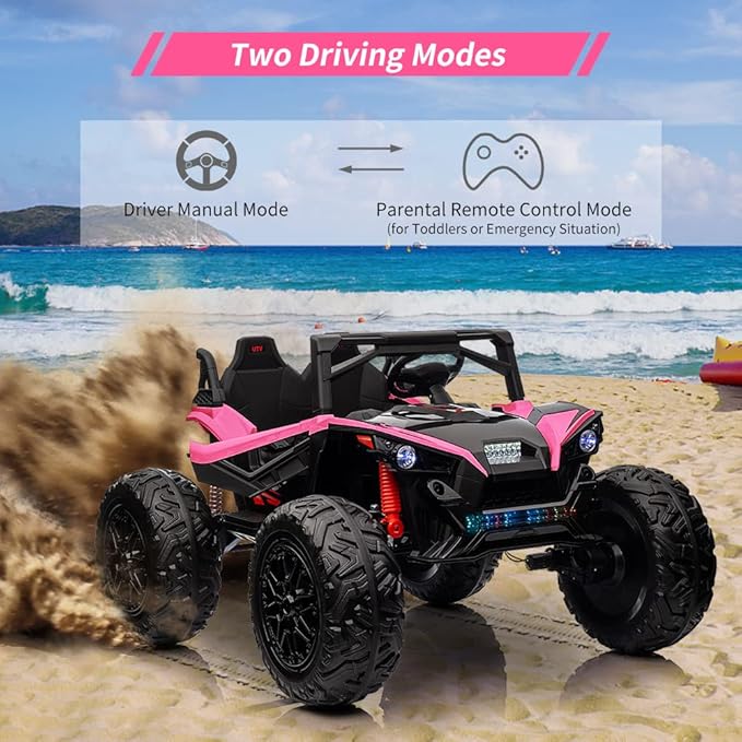 2 Seaters 24V Ride on UTV with Remote Control,10AH Battery, 400W Powerful Motors with 17" EVA Wheels, 20.5“ Seat Width Electric Ride Toy with Metal Suspension,LED Lights,Music,Horn (Rose)-CubbioJoy