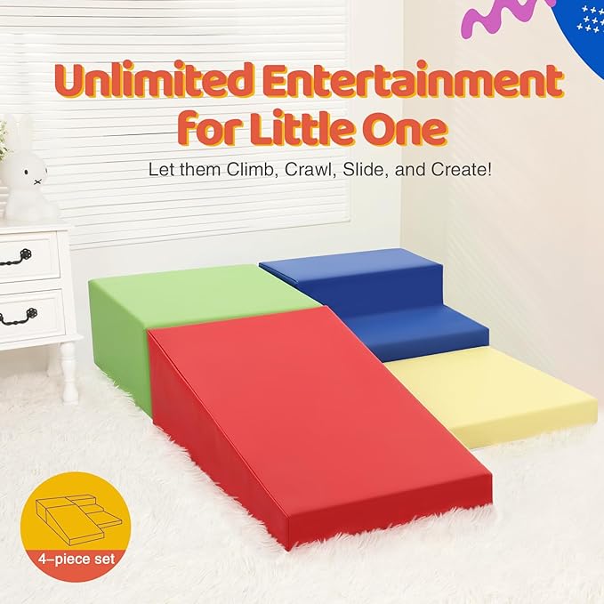 4-Piece PU Leather Baby Foam Climbing Blocks for Toddlers - Soft Play Climbing Toys for Toddlers - Foam Climbing Set for Crawling and Sliding Indoor (Red Yellow Blue)-CubbioJoy