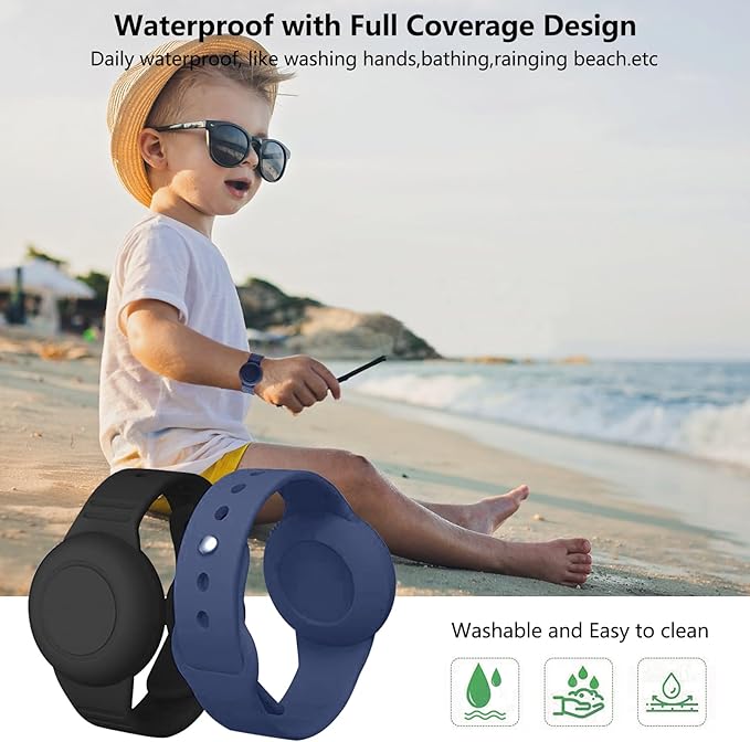 2 Pack Waterproof Airtag Wristband Kids - Anti-Lost Silicone Airtag Holder Cases for Toddler - GPS Tracker Watch Band (Black+Blue)-CubbioJoy