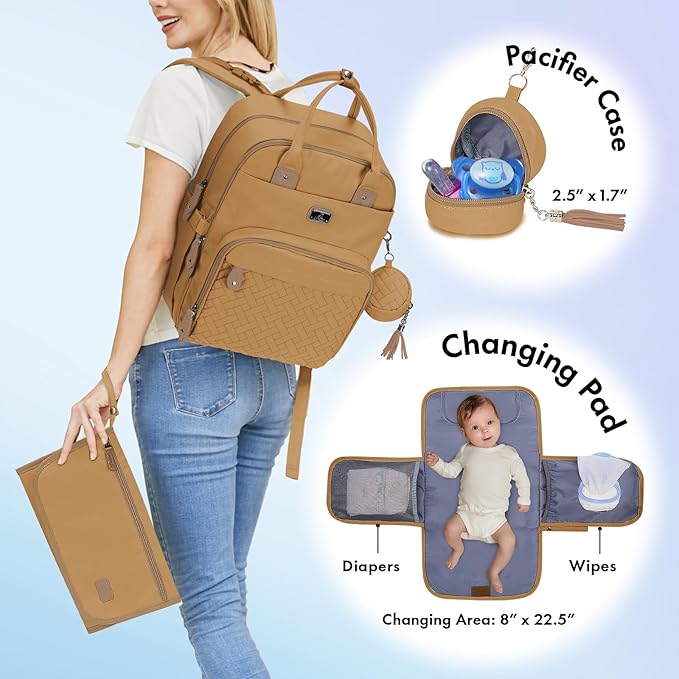 Dikaslon Diaper Bag Backpack with Portable Changing Pad, Pacifier Case and Stroller Straps, Large Unisex Baby Bags for Boys Girls, Multipurpose Travel Back Pack for Moms Dads, Tan-CubbioJoy