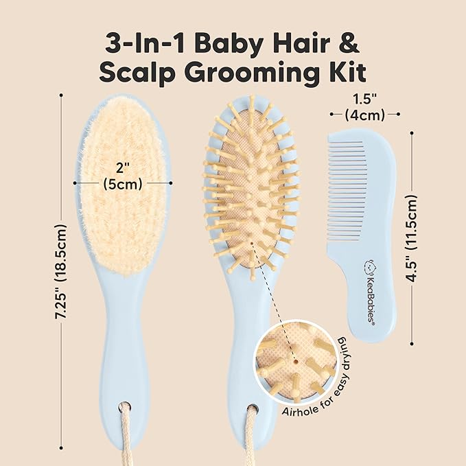 Baby Hair Brush and Comb Set for Newborn - Wooden Baby Hair Brush Set with Soft Goat Bristle, Baby Brush Set for Newborns, Baby Brush and Comb Set Girl, Boy, Toddler Cradle Cap Brush (Oval, Frost)-CubbioJoy