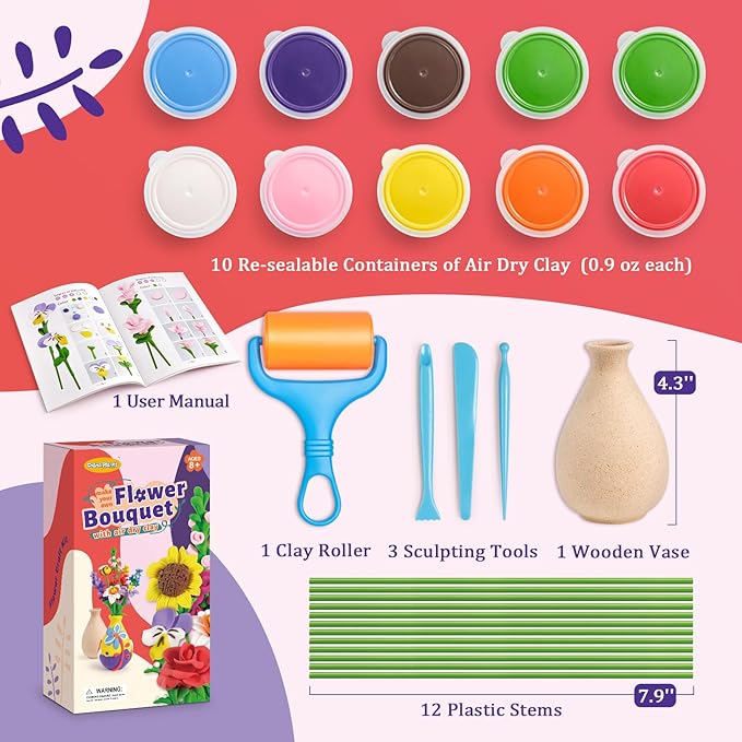 Drama Planet Flower Craft Kit for Kids, Make Your Own Flower Bouquet with Air Dry Clay, Arrange Clay Flowers & Create Personalized Art, Great Gifts for Girls-CubbioJoy