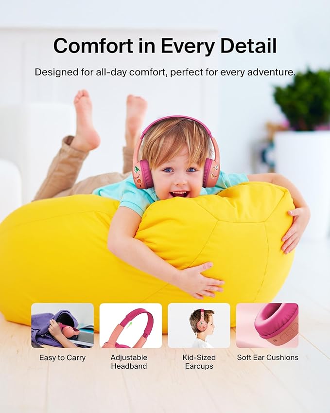 Belkin SoundForm Mini w/Case - Wireless Bluetooth Kids Headphones with 30H Battery Life, 85dB Safe Volume Limit, Built-in Microphone - Kids On-Ear Earphones for iPhone, iPad, & More - Pink-CubbioJoy