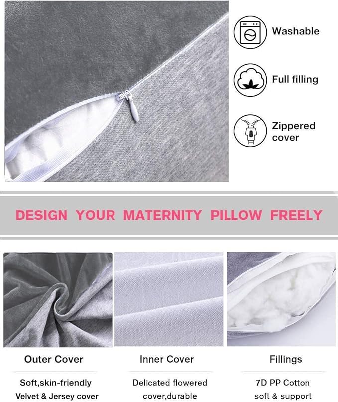 AS AWESLING 60in Full Body Pillow | Nursing, Maternity and Pregnancy Pillow | Extra Large U Shape Pillows with Detachable Side, Separate Support Pillow and Removable Cover (Velvet and Jersey Grey)-CubbioJoy
