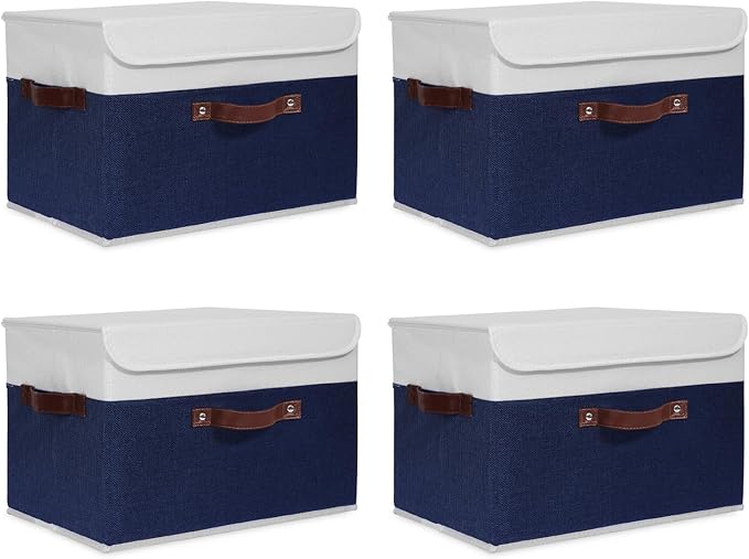 ANMINY 4PCS Storage Boxes with Lid Washable Decorative Storage Bin Basket with PU Leather Handle Foldable Linen Fabric Storage Cube Container for Home Closet Organizer - Deep Blue White, Large Size-CubbioJoy