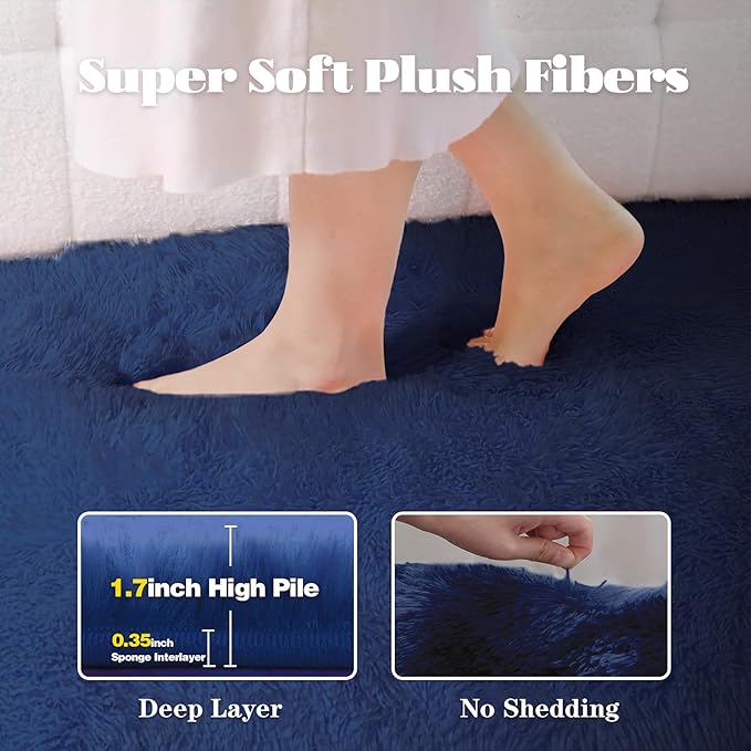 2x6 Runner Rug for Bedroom: Fluffy Shag Soft Washable Rugs Small Fuzzy Plush Indoor Carpet for Hallway Bedside Dorm Kids Girls Boys Room (Navy Blue, 2'x6')-CubbioJoy