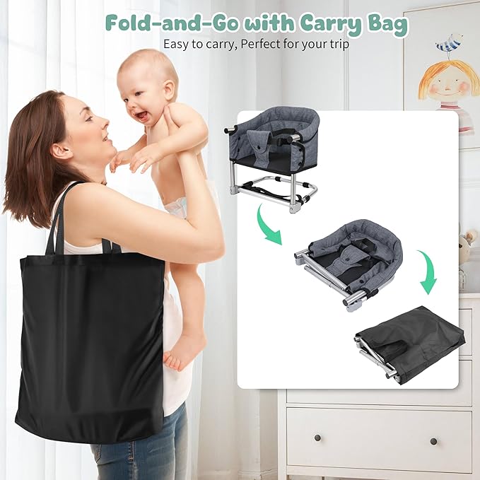 Booster Seat for Dining Table: Portable Toddler Booster Chair with Safety Buckle and Height Adjustable, Foldable Baby Feeding Chair, Kids High Chair Booster Seat for Kitchen Home Travel - Grey-CubbioJoy