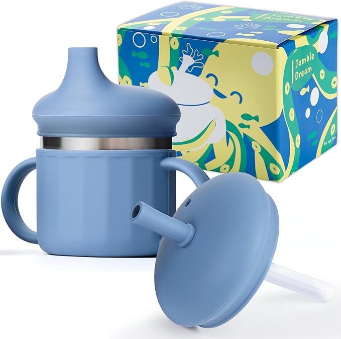 Jumble Dream Stainless Steel Sippyy Cup, Silicon Training Stainless Steel Kids Cups with Straw, Toddler Tumbler with Spill Proof Straw |6 Month Toddler Sippy Cup| BPA Free (Blue Moon) 2025-CubbioJoy