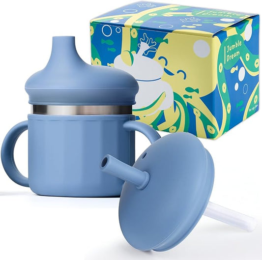 Jumble Dream Stainless Steel Sippyy Cup, Silicon Training Stainless Steel Kids Cups with Straw, Toddler Tumbler with Spill Proof Straw |6 Month Toddler Sippy Cup| BPA Free (Blue Moon) 2025-CubbioJoy
