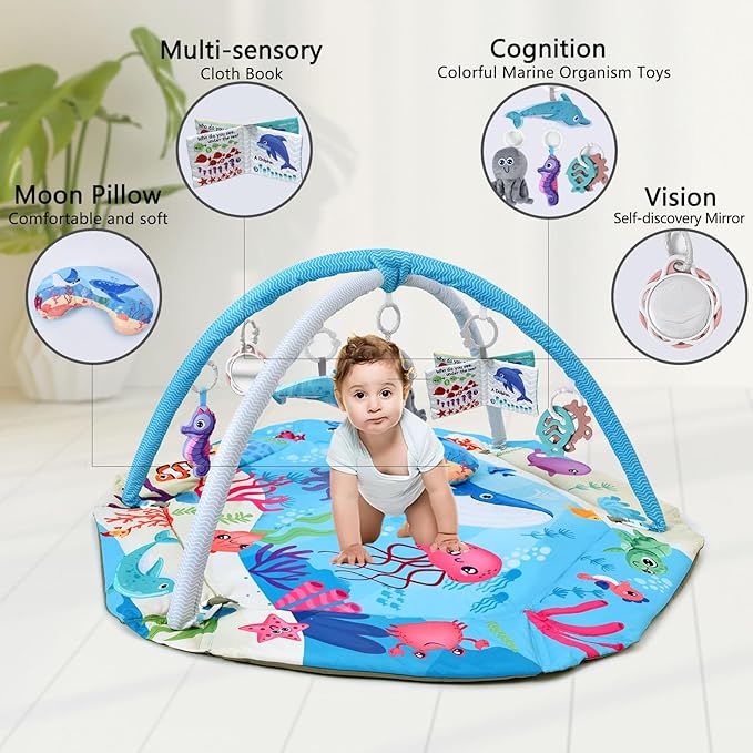 Baby Gym Play Mat, 8-in-1 Tummy Time Mat & Activity Gym, Washable Ball Pit, Infant Play Mat with Detachable Toys for Sensory Exploration and Motor Skill Development-CubbioJoy
