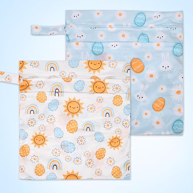 2pcs Cloth Diaper Wet Dry Bags, Waterproof Reusable Wet Bag with 2 Zipper Pockets & Handle, Washable Laundry Bags for Baby Adult Clothes Travel Beach Pool Daycare Yoga Gym Exercise Swimsuits,-CubbioJoy