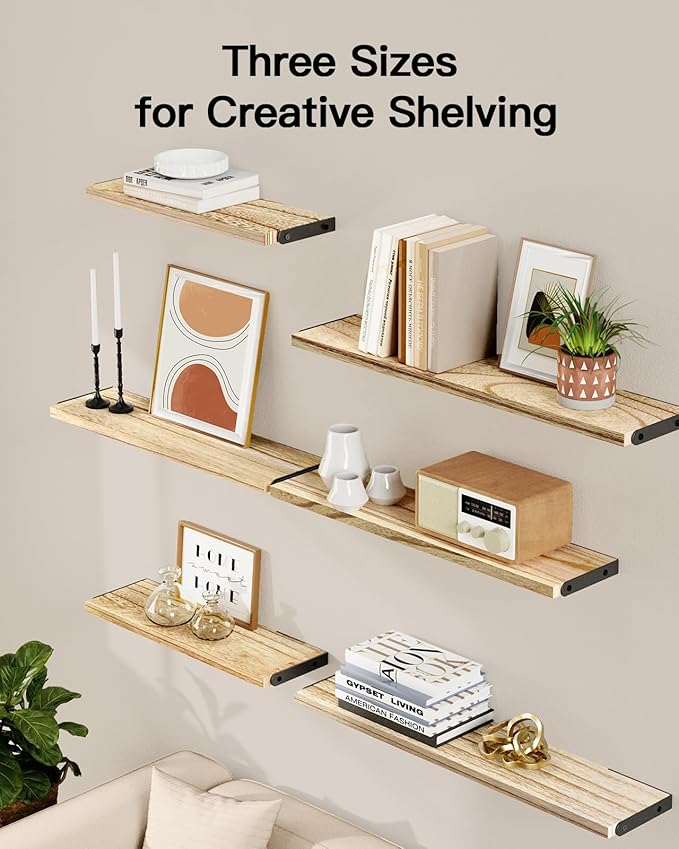 AMADA HOMEFURNISHING Long Wall Shelves, Rustic Farmhouse Style, Wood Floating Shelves for Wall Decor, Bathroom & Bedroom Storage, Living Room Book Shelves, 6pcs-CubbioJoy