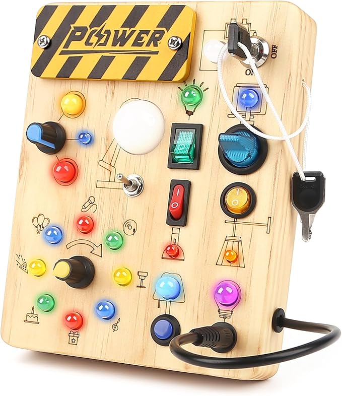 Joyreal Montessori Busy Board Wooden Sensory Toys for Toddler with LED Light Up Switch, Baby Fidget Board Travel Toys for 18+ Months, 1 2 3 Year Old Boys Girls Toddler Toy Gifts (Classic)-CubbioJoy