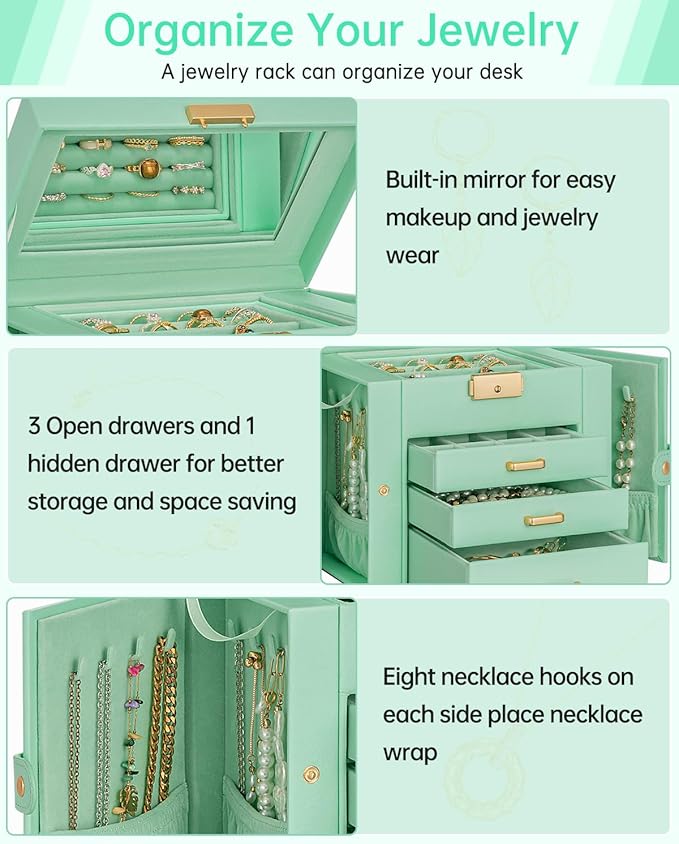 AKOZLIN 4-Tier Jewelry Box Leather Jewelry Storage Organizer with 3 Drawers Lockable for Women Girls Ring Necklace Earring Bracelet Holder with Mirror-CubbioJoy