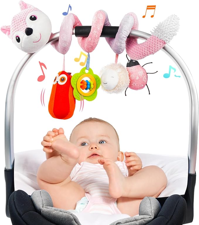 Jollybaby Baby Car Seat Stroller Toys, Plush Activity Hanging Spiral Activity Pram Crib with Music Box, Rattles, Squeaker for Babies Infant Boys Girls(Pink Fox)-CubbioJoy