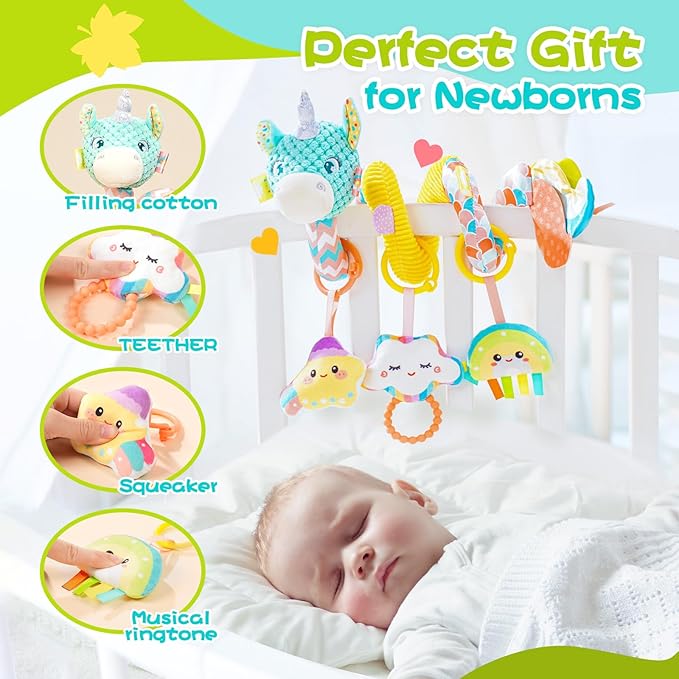 Car Seat Toys for Babies 0-6 Months, Hanging Spiral Stroller Toys, Infant Newborn Brain Development With Music Crinkle Teether Rattle for Baby Boy Girl 0-3-12 Months-CubbioJoy