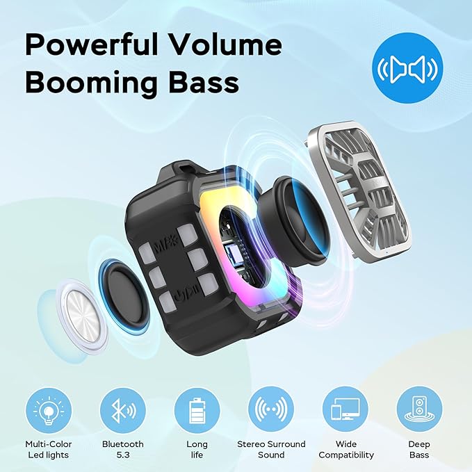 INSMY IP67 Waterproof Bluetooth Speaker, Shower Speaker Portable Small Clip-on, Multi Sync 100+ Speakers, Big Volume Booming Bass, 24H Playtime/Floatable/RGB Lights for Outdoor/Kayak/Beach (Black)-CubbioJoy