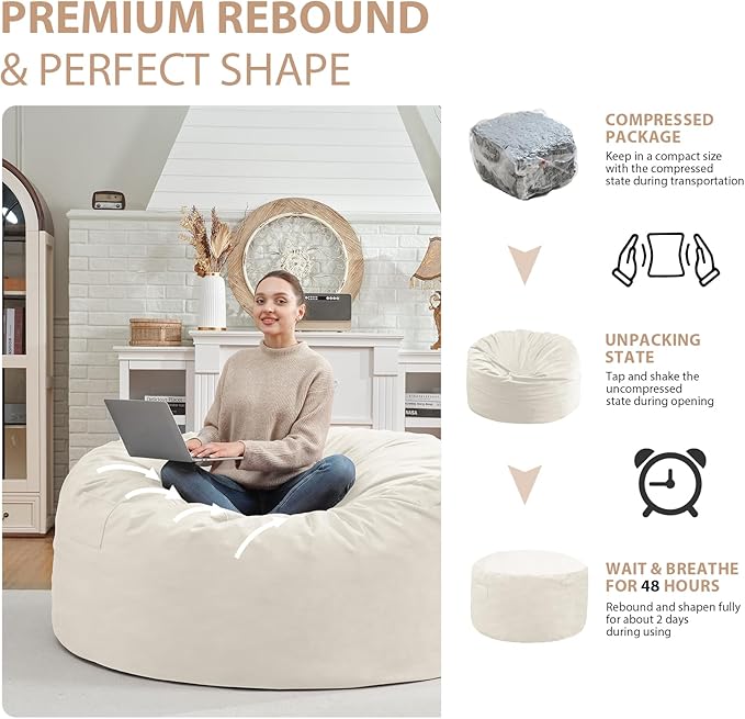 3FT Bean Bag Chair, Comfy Bean Bag Chairs with Memory Foam Filled, Fluffy Beanbag Sofa with Dutch Velvet Cover, Round BeanBag Chairs for Living Room, Playroom - Beige-CubbioJoy