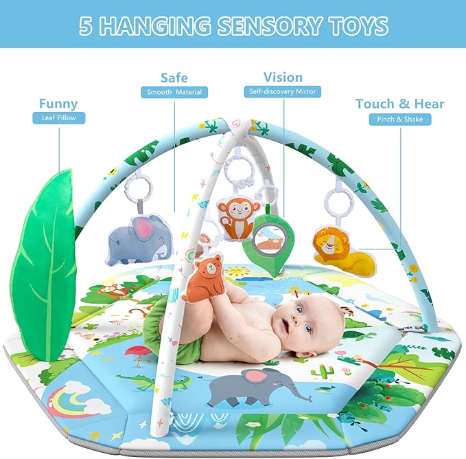 Baby Gym Play Mat, 8-in-1 Tummy Time Mat & Activity Gym Mat Ball Pit with Detachable Toys, Washable Infant Play Mat for Visual, Hearing, Sensory, Motor Development, Newborn Baby Toys Gift for Toddler 0-3-6-9-12 Months Easy to Install-CubbioJoy