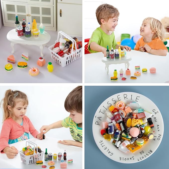 50 Pcs Miniature Food Drink Bottles Soda Pop Cans Pretend Play Kitchen Game Party Accessories Toys Hamburg Cake Ice Cream for 1/12 Doll House (25Food+25Drink)-CubbioJoy