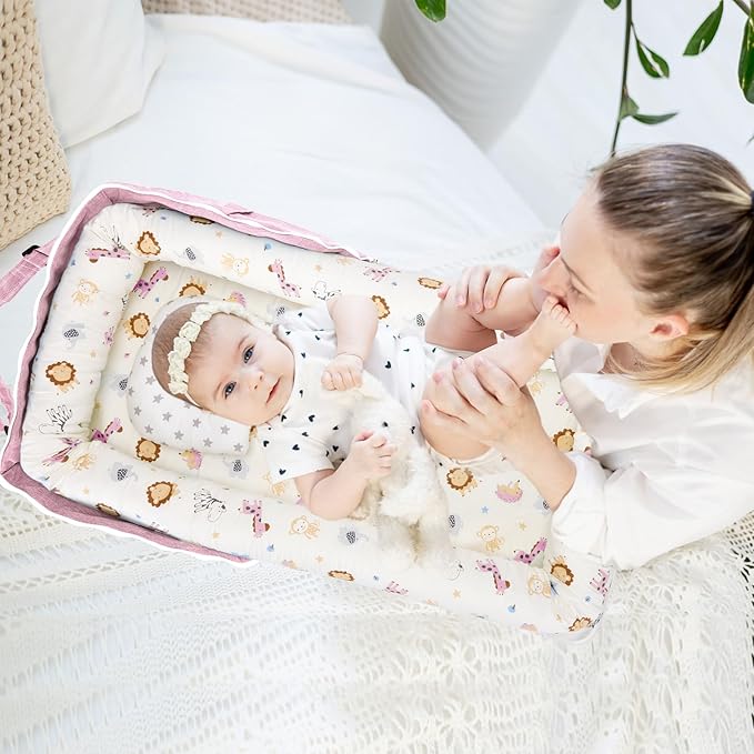 Baby Lounger for Tummy Time Portable,Baby Play mat with Strap,Newborn Lounger Inner Zipper for Boys Girls 0-24 Months,Animal World Pink-CubbioJoy