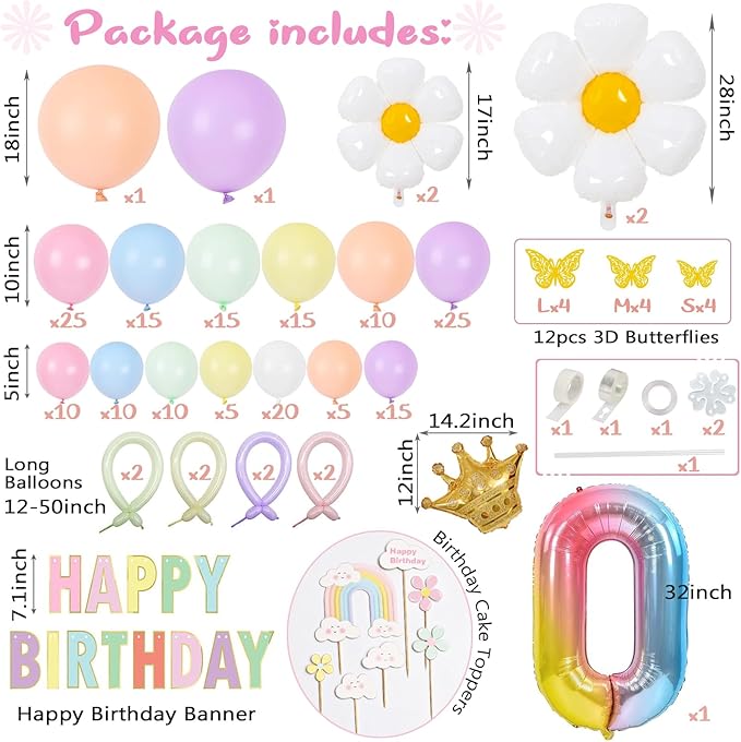 219Pcs Daisy Balloon Arch Garland Kit - Pastel Rainbow Balloons Arch Kit with Daisy Balloons,Banner,Cake Toppers,12 3D Butterfly, for Birthday Party, Baby Shower, Flower Themed Party Decorations-CubbioJoy