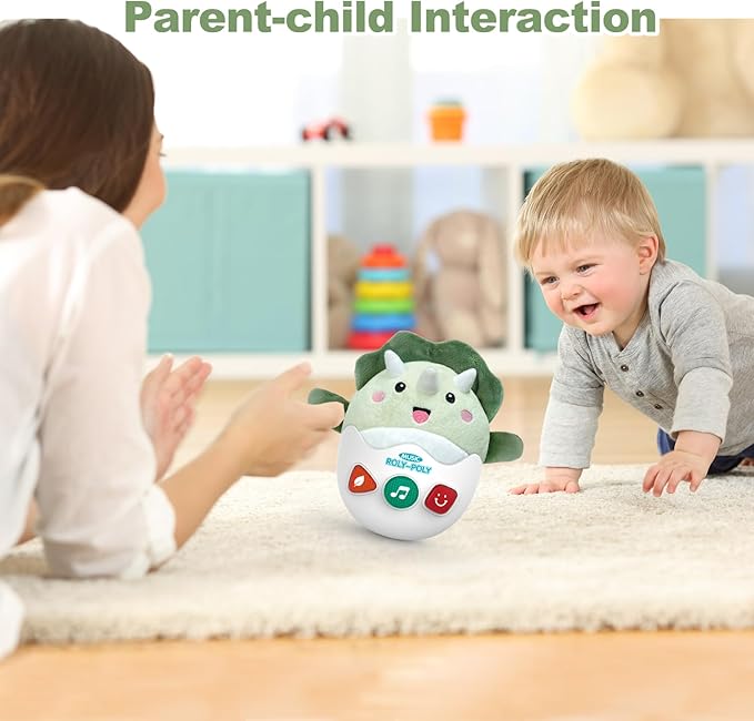 Baby Dinosaur Toys 0-3-6-12 Months, Musical Infant Toys with Light & Sounds, Soft Plush Stuffed Animal, Newborn Boys Girl 1st Birthday Shower Gift, Roly-poly Sensory Tummy Toy Easter Egg Gifts-CubbioJoy