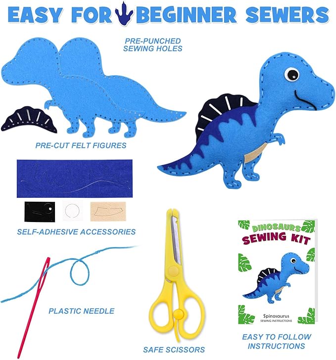 CiyvoLyeen Dinosaur Sewing Craft Kit DIY Kids Craft and Sew Set for Girls and Boys Educational Beginners Sewing Stuffed Animal Felt Plush Ornaments Set of 14 Sewing Kits for Kids Age 8 9 10 11 12-CubbioJoy