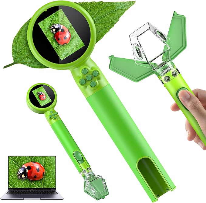 2 in 1 Kids Microscope with Bug Catcher,HD 500X Digital Microscope for Kids with 2" Screen,Photo and Video,STEM Educational Science Kit Learning Toys for Age 3-12 Girls & Boys Birthday Gifts (Green)-CubbioJoy