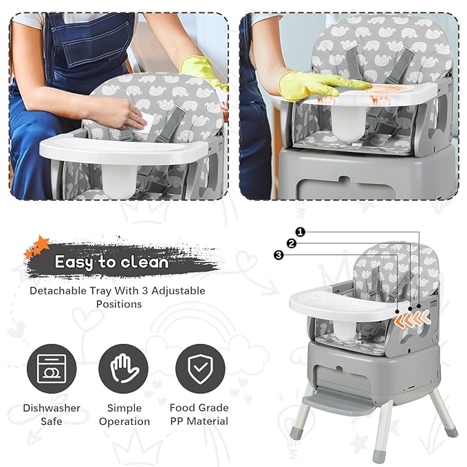4 in 1 Portable Baby High Chair,Convertible Highchair for Babies & Toddlers-Foldable Infant Booster Seat,Carry Small Box,Dining Chair,Toddler High Chair with 5-Point Harness,Removable Tray-Grey-CubbioJoy