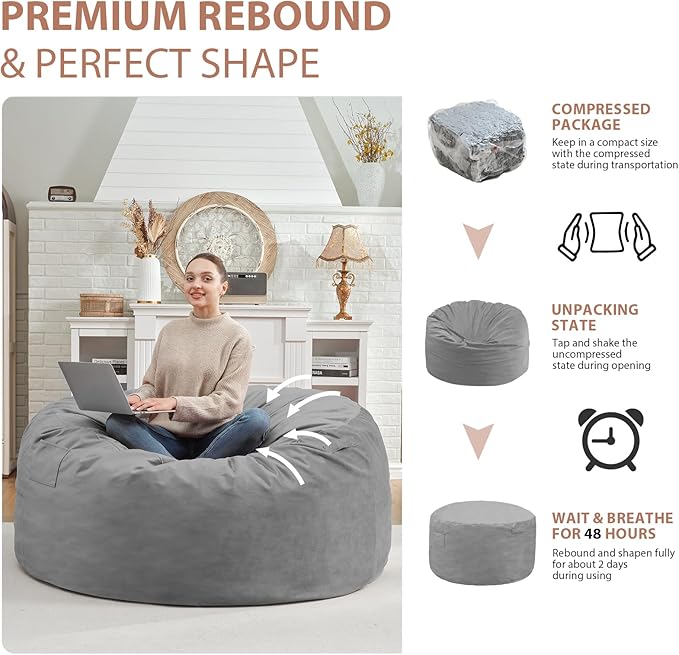 4FT Bean Bag Chair, Large Bean Bag Chairs with Memory Foam Filled, Fluffy Beanbag Sofa with Dutch Velvet Cover, Round BeanBag Chairs for Living Room, Playroom - Light Grey-CubbioJoy