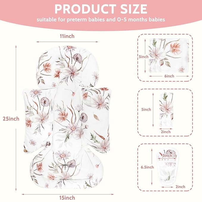 Infant Car Seat Insert and Strap Covers, Very Soft Car Seat Head Support Baby Girl Boy, Reversible Newborn Carseat Insert Cushion Fits for Stroller, Baby Swing, Bouncer (White Flower)-CubbioJoy