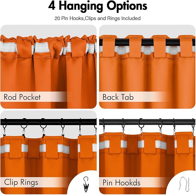 ANRODUO Back Tab Blackout Curtains for Bedroom Living Room, Rod Pocket Pinch Pleated Thermal Insulated Room Darkening Curtains 63 Inches Long 2 Panels, Orange, 42 x 63 Inch-CubbioJoy